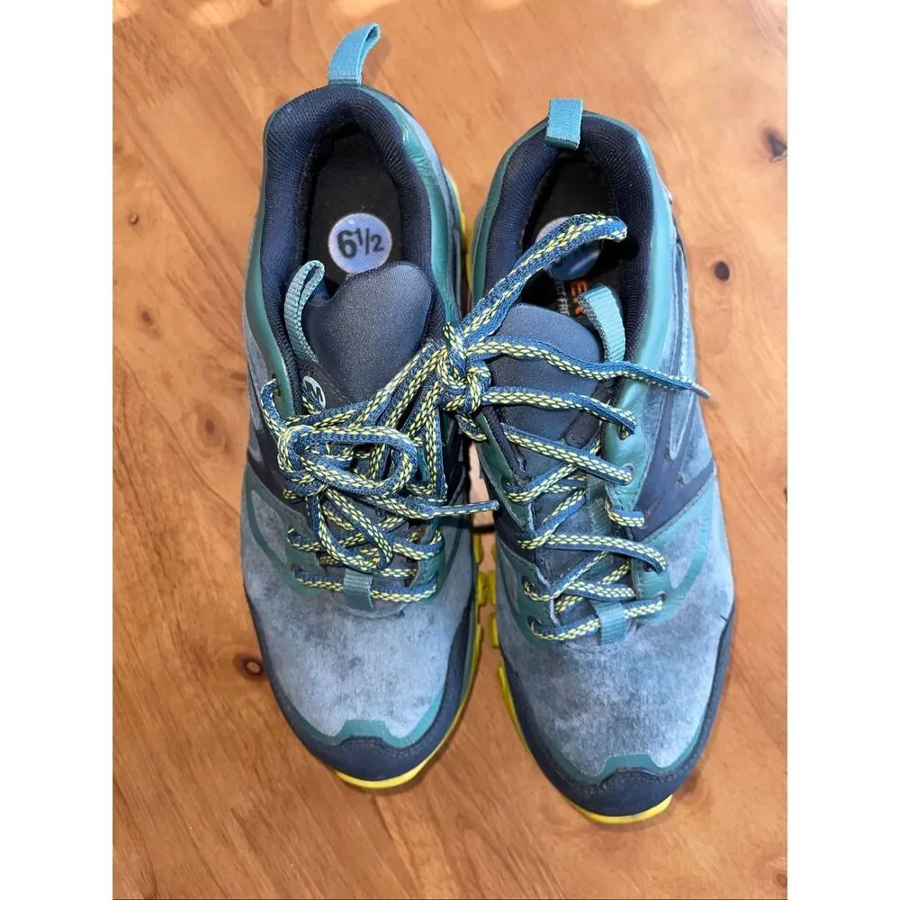 merrell hiking shoes womens 6.5 green vibram soles select dry unifly‎
